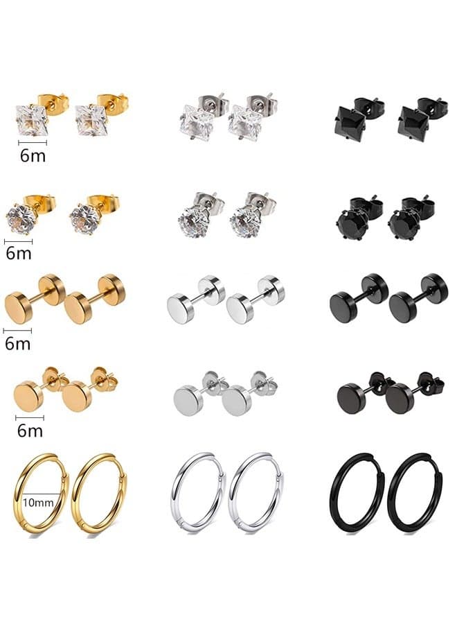 15 Pairs 316L Surgical Stainless Steel Stud Earrings Set for Women Mens Small Hoop Earrings Hypoallergenic Tunnel Punk Style Round Ear Piercing Jewelry