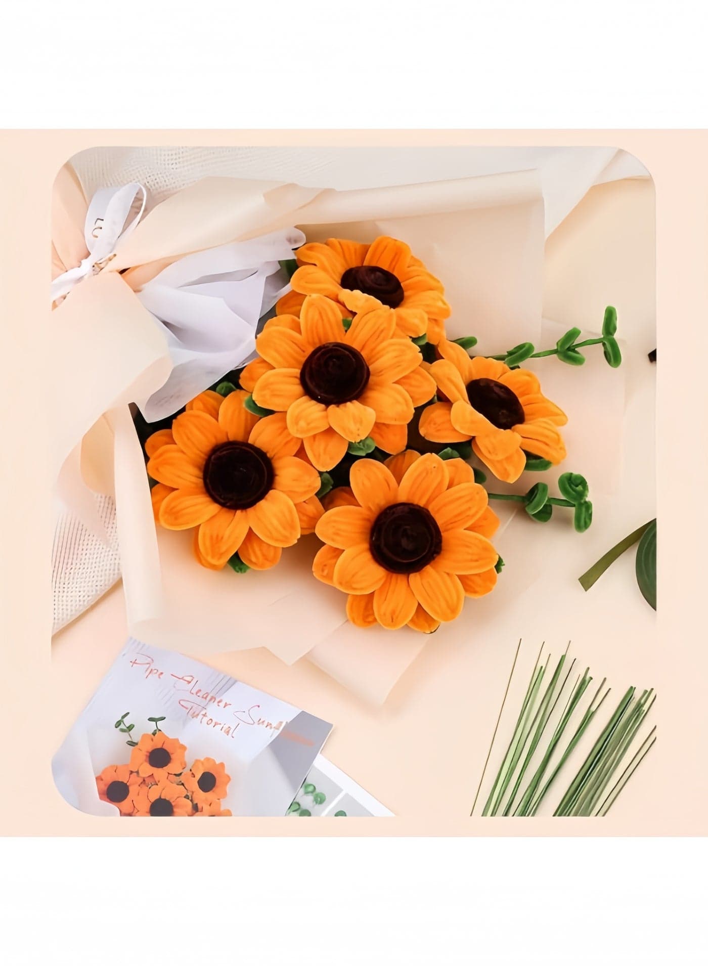DIY Sunflower Bouquet Kit with Chenille Stems, Flower Tape, Decorative Paper & Ribbons, Creative Craft Set for Kids Adults Home Party Decoration