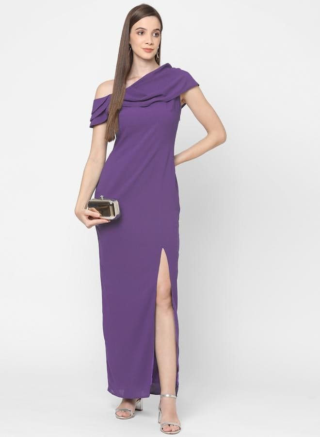 Mish Draped Asymmetric Neck Sheath Maxi Dress With High Slit