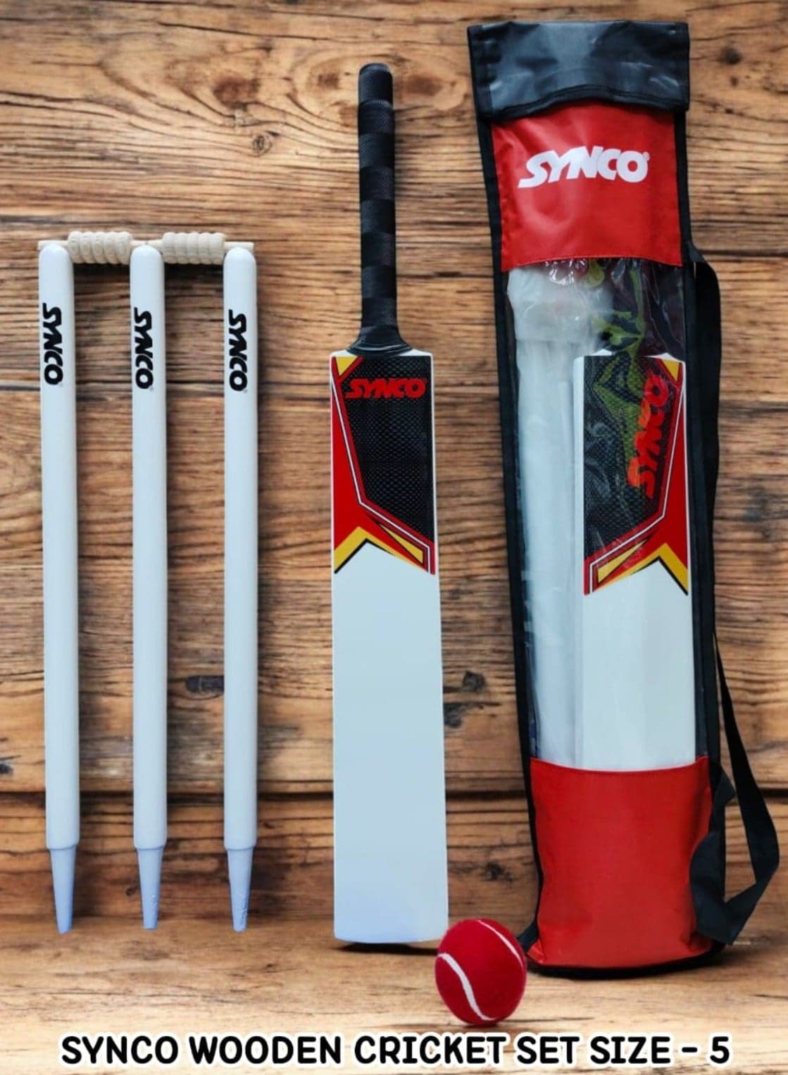 Kids Cricket Set Size 5 | Moulded Wooden Bat With Rubber Grip, Soft Ball & Wicket Stumps | All-Weather Play Set For Children Ages 4-11 For Noon
