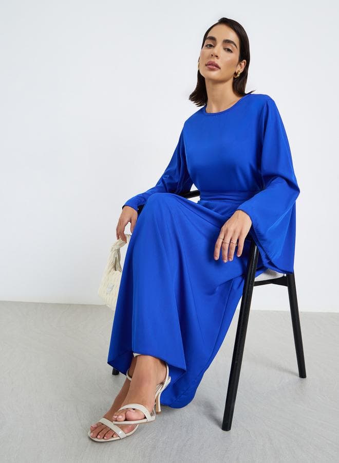Blue A-Line Maxi Dress with Tie Belt