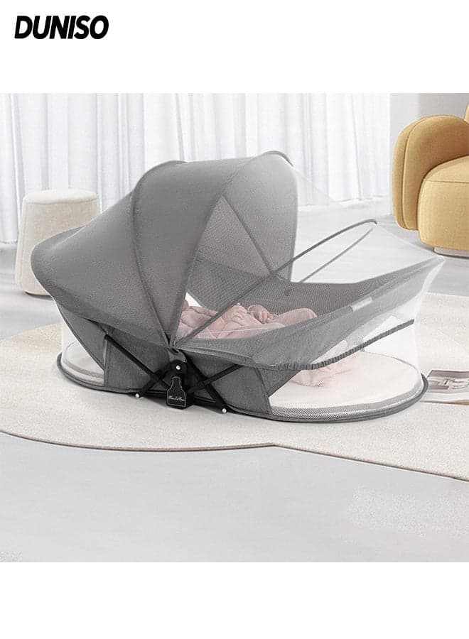 Foldable Baby Bassinet,Foldable Travel Crib Bed for Newborn,Infants Mobile Sleeping Bed with Mosquito Net and Mattress and Storage Bag,Soft and Comfortable, Saving Space,for Outdoor Travel,Grey