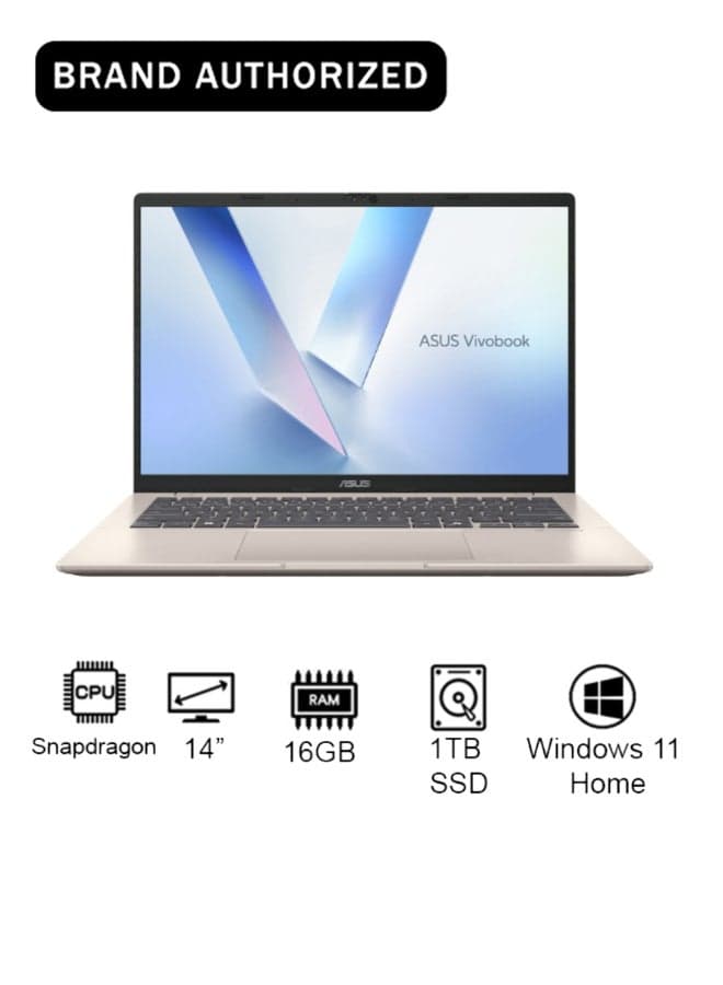 Vivobook 14 Laptop With 14-Inch Display, Snapdragon X X126100 Purwa SE Processor/16GB RAM/1TB SSD/Intel UHD Graphics/Windows 11 Home English/Arabic Platinum Gold