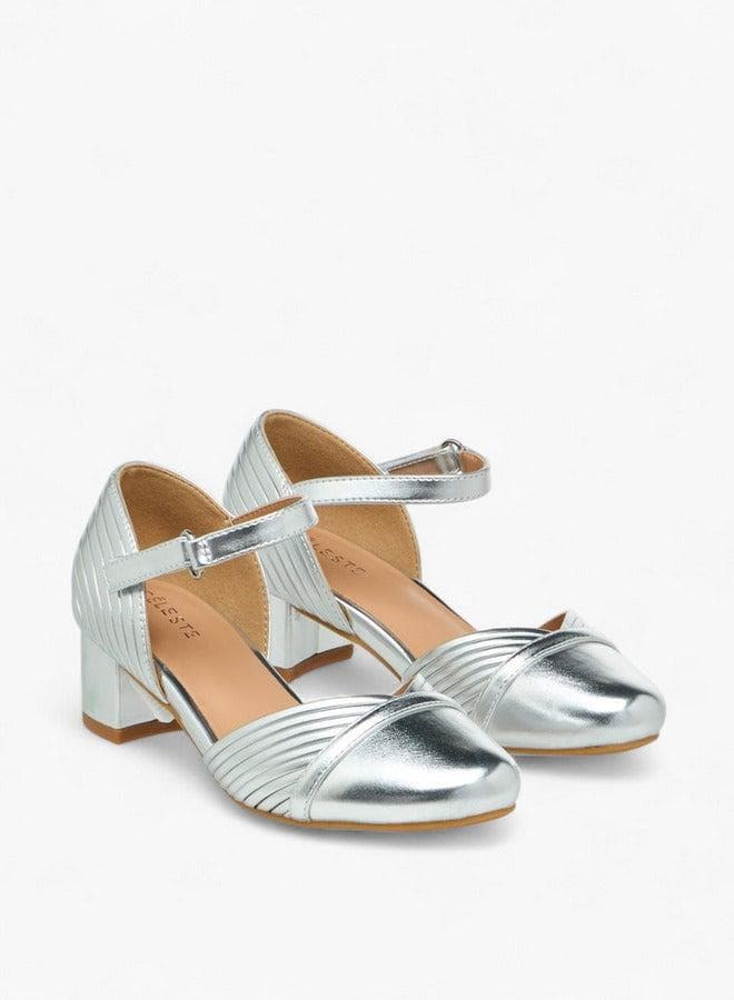 Girls' Metallic Block Heels Shoes with Hook and Loop Closure