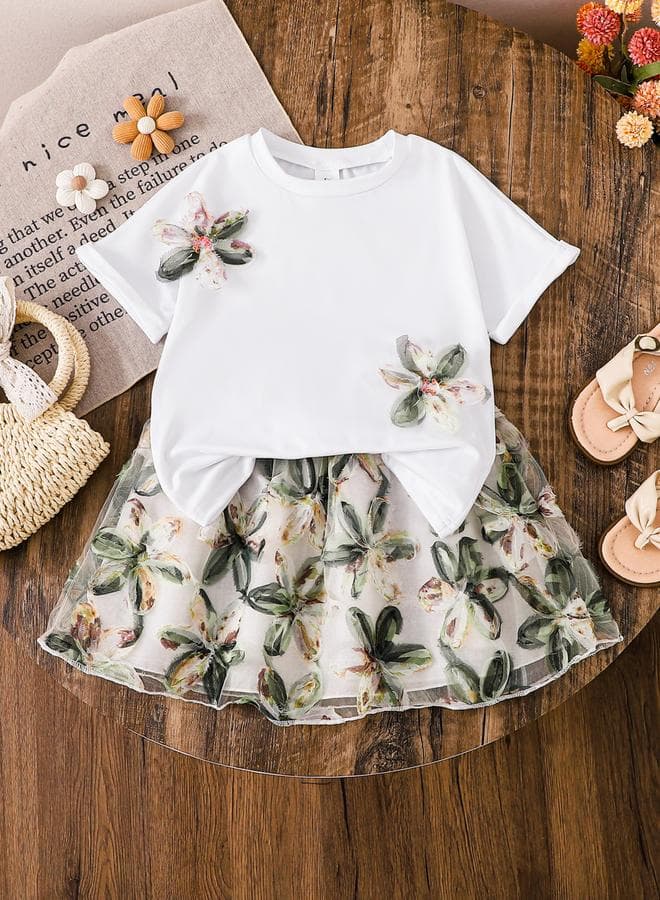 Girls White Floral Top And Mesh Skirt Set