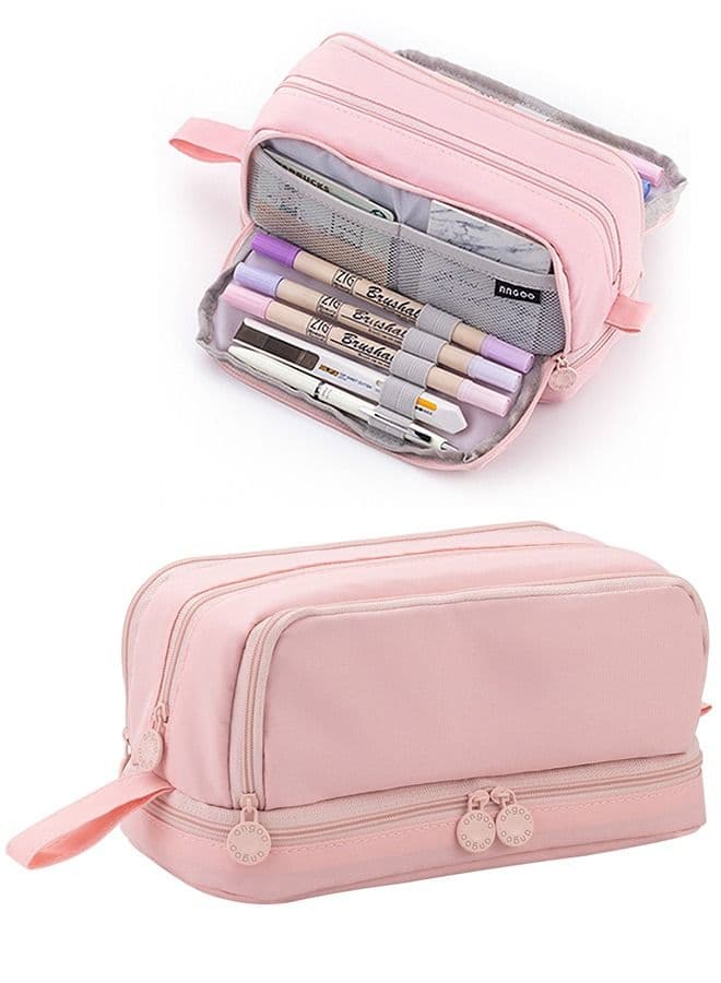 Big Capacity Pencil Case Canvas High Large Storage Pouch Marker Pen Case Simple Stationery Bag School College Office Organizer for Teens Girls Adults Student Pink
