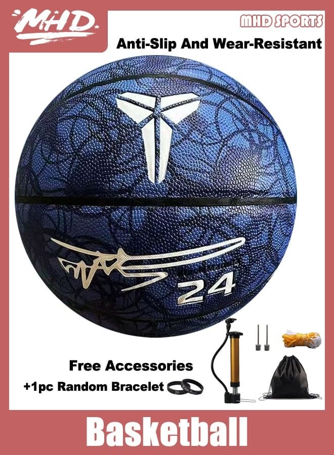 Size 7 Official Game Basketball - Non - Slip & Durable for Indoor/Outdoor Concrete Courts - Includes Bag, Pump, Needle & Net