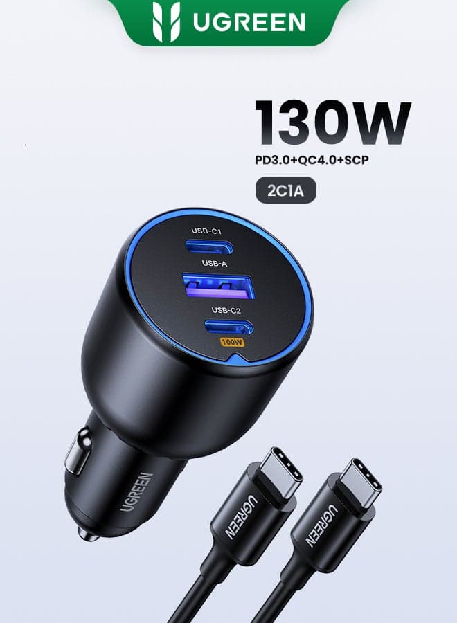 130W Super Fast Car Charger Fast Charging 3 Port USB Car Power Adapter With 100W USB C Cable Car Fast Charger Plug For Steam Deck Macbook Laptops Tablets iPhone 16 15 Series Samsung Galaxy Xiaomi 130W with cable