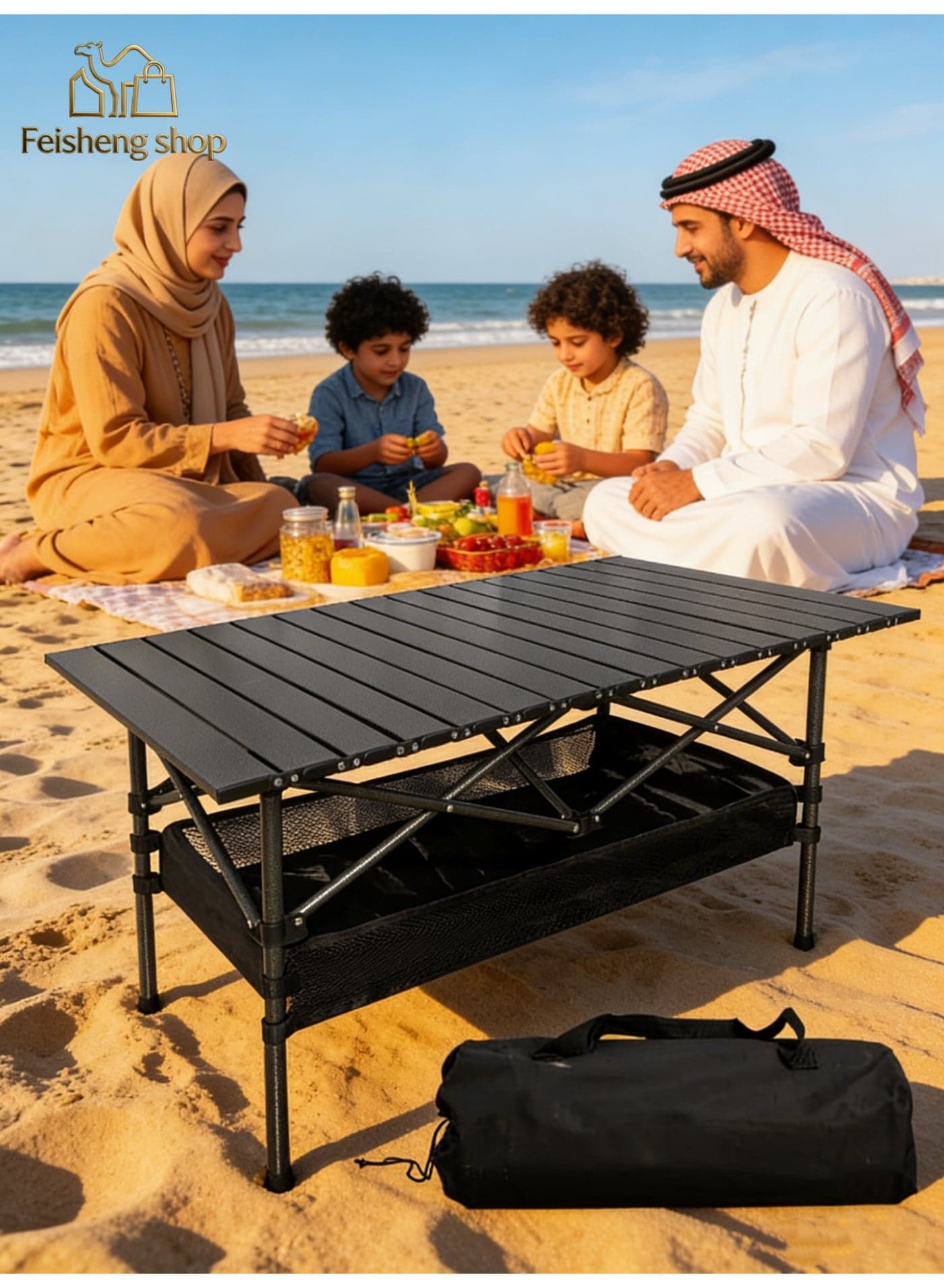 【Emergency folding table】 Portable lightweight folding camping table | camping bonfire | Portable roll-up side table | Outdoor camping folding table | Lightweight beach table | Picnic table | With storage bag and mesh bag (95 x 55 x 50 cm)