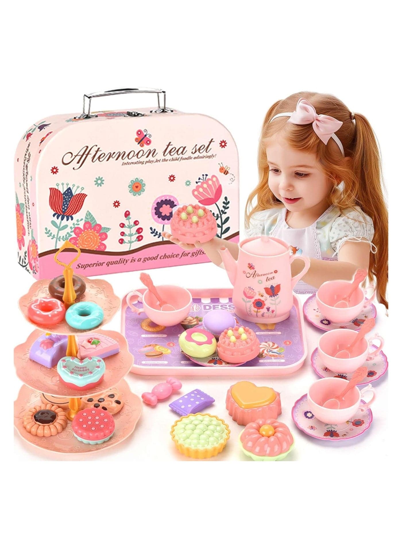 Tea Set for Little Girls, Birthday Gift for Age 3+ Years Old, Toddler Toys Tea Party Set for Little Girls, Princess Kids Kitchen Pretend Toy with Tin Tea Set, Desserts & Carrying Case