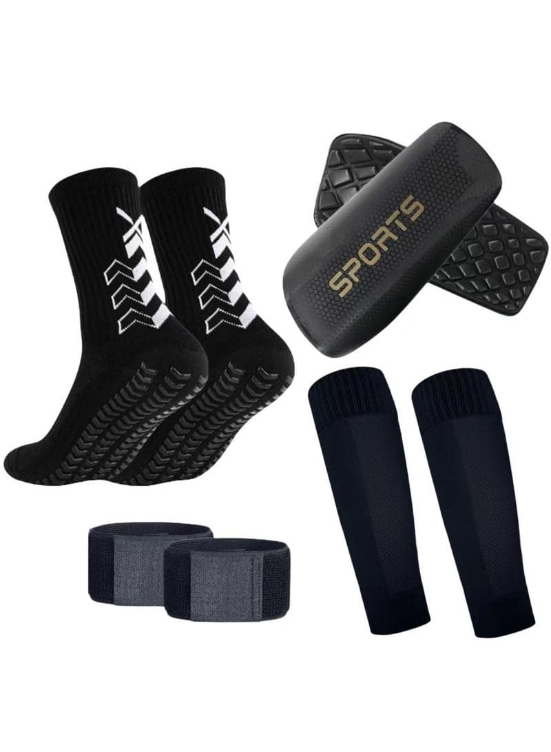 Four Piece Set Skidproof Soccer Socks Nylon Pocket Shin Guard Sleeves Calf Compression Socks For Soccer Football Adjustable Shin Guard Straps(Black)