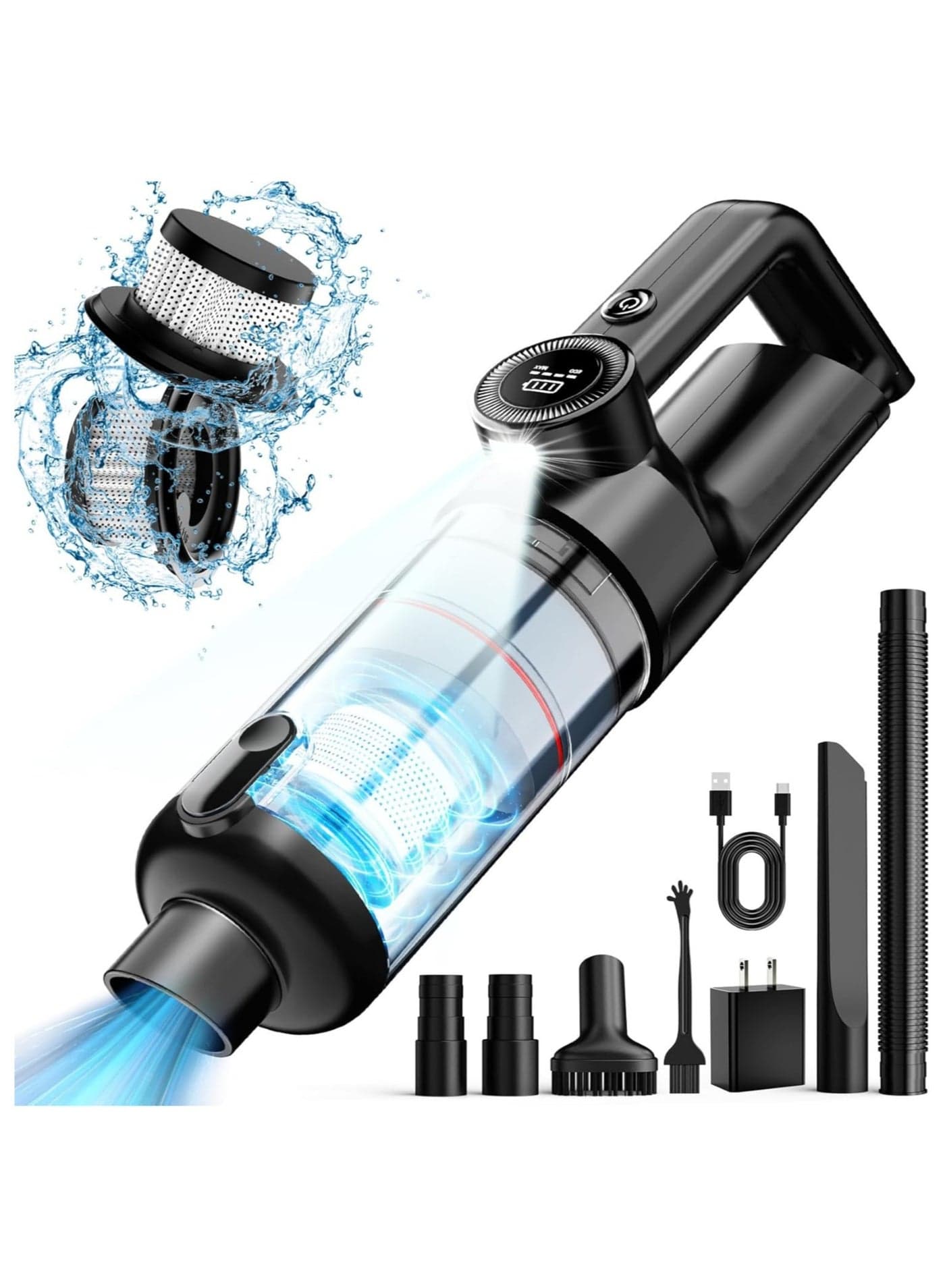Car Vacuum Cleaner Cordless and Air Duster , Air Blow with Brushless Motor, 15000Pa Strong Suction Vacuum with LED Light, Type C Cable and Charger, 2 Fliters, Portable Hand Vacuum for Home, Pet and Car