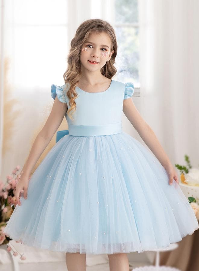 Girls Light Blue Faux Pearl Tulle Bow Detail Dress