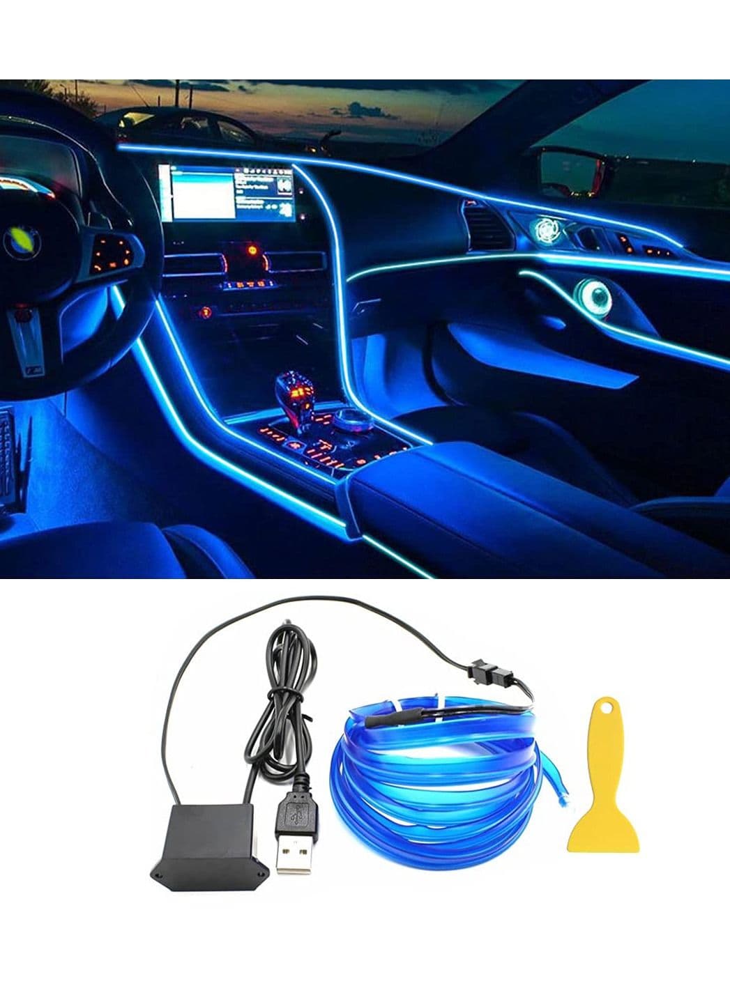 EL Wire Car Interior LED Light Bar, USB Neon Cold Light Ambient Light with 6mm Sewing Edge, Ambient Lighting Kit for Car Interior Trim, Garden Decorations (5M/16.4FT, Blue)
