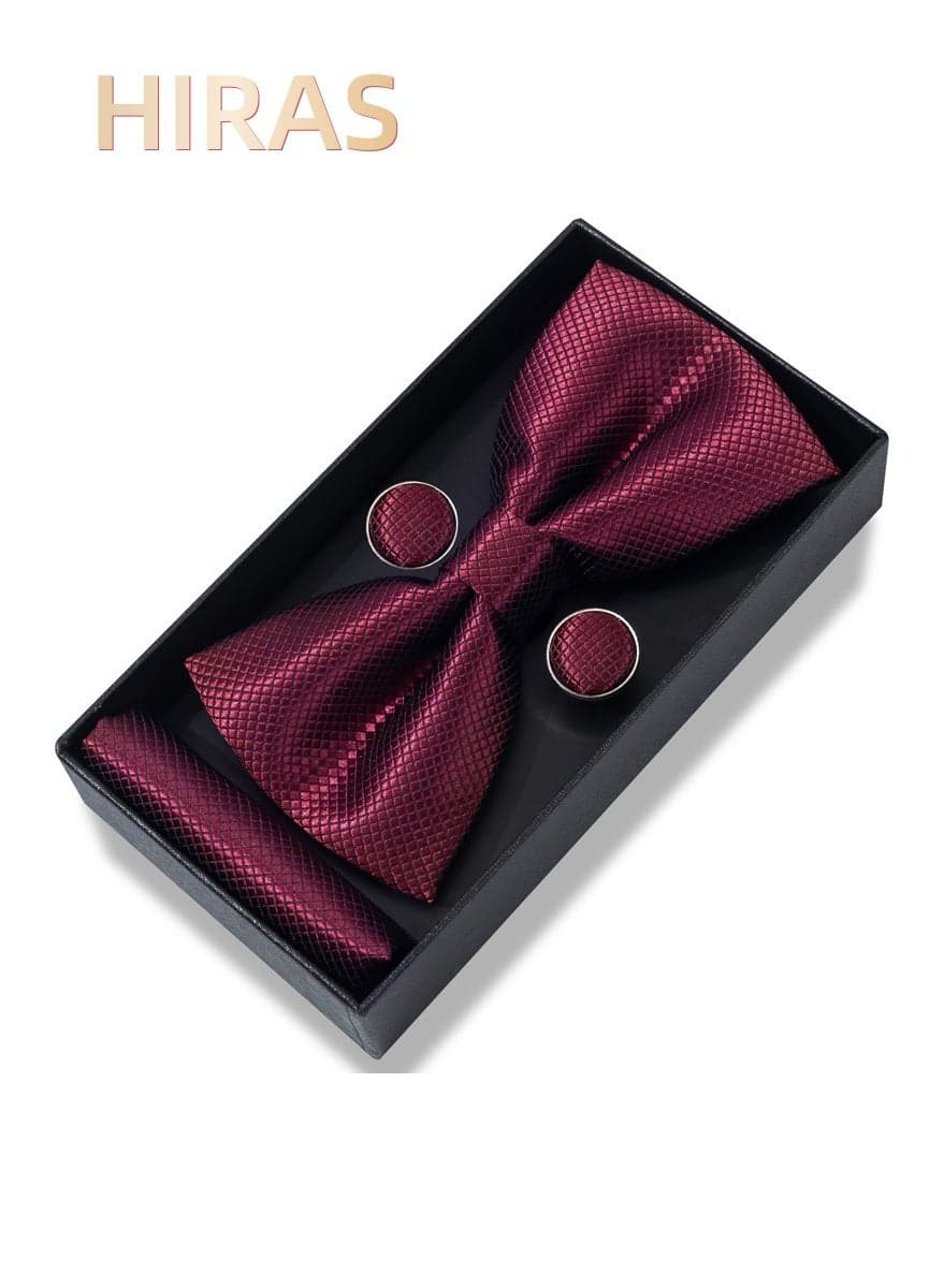 Men's Bow Tie Gift Set - Complete Formal Accessories Kit with Pre-Tied Bow Tie, Cufflinks & Pocket Square for Wedding Party Prom & Events - Red