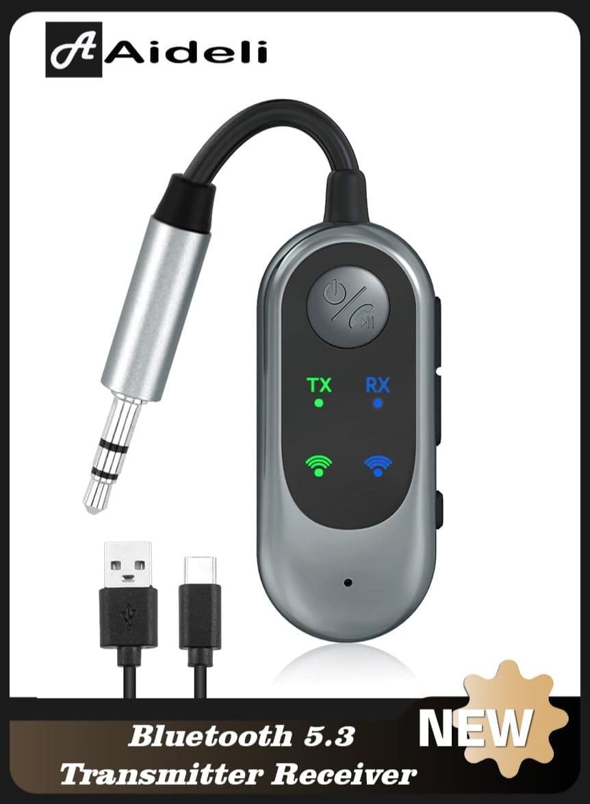 2-in-1 Bluetooth Audio Transmitter & Receiver - Wireless 3.5mm Jack Adapter for TV/PC/Car/Airplane/Gym, Dual Pairing for Headphones & Speakers