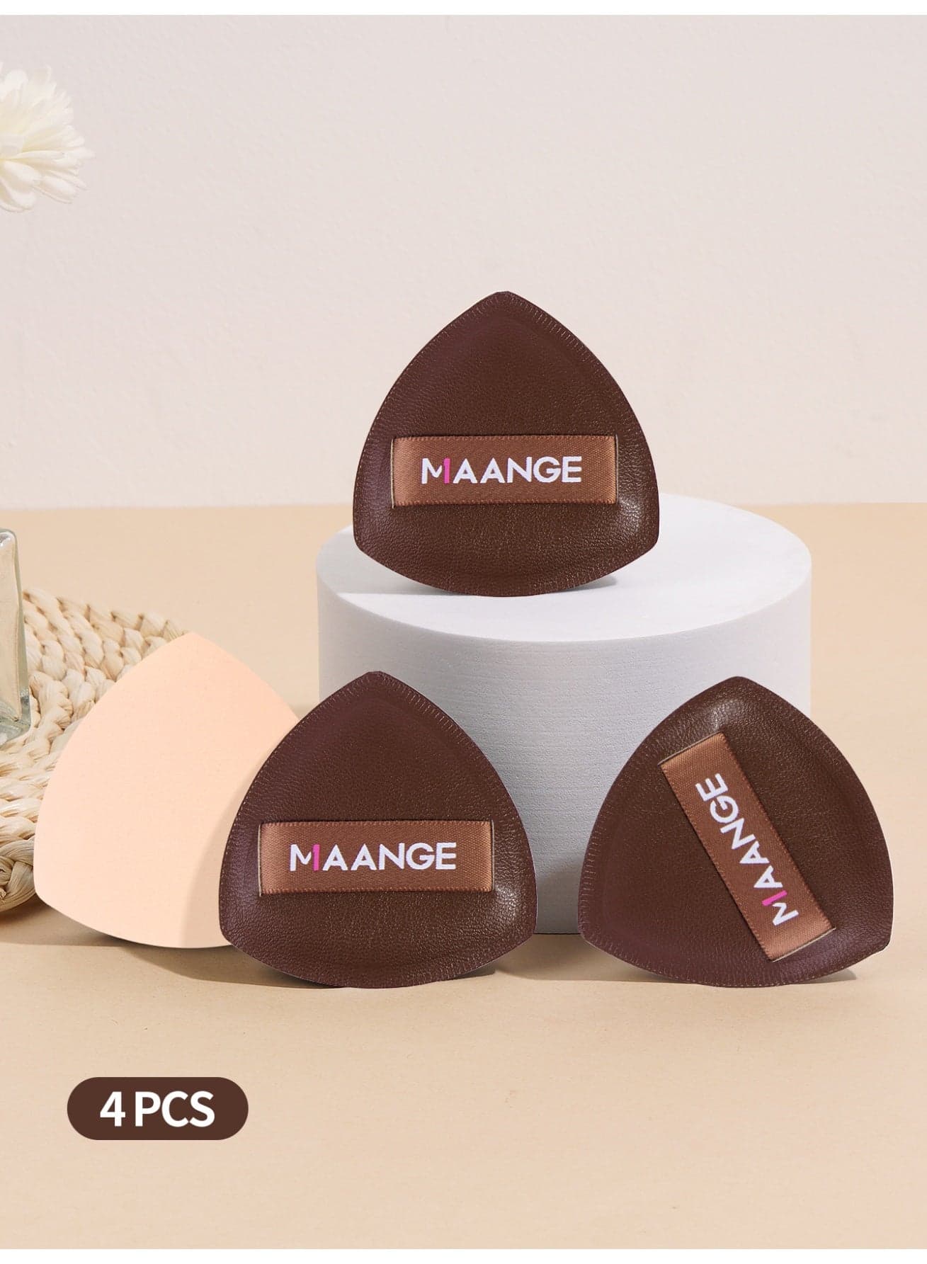 4-Pieces Triangle Makeup Puff Set - Soft, Reusable Foundation Sponge for Loose Powder, Wet/Dry Use (Brown)