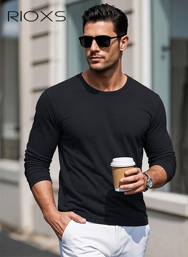 Men's T-Shirt, Classic Round Neck Long Sleeve Tops for Men, Soft Cotton Tshirt, Basic Male Pullover Tops, Comfortable Bottom Casual T-Shirts, Black Versatile Tee Shirt, for Daily Wear, Casual, Work, Street, Walking
