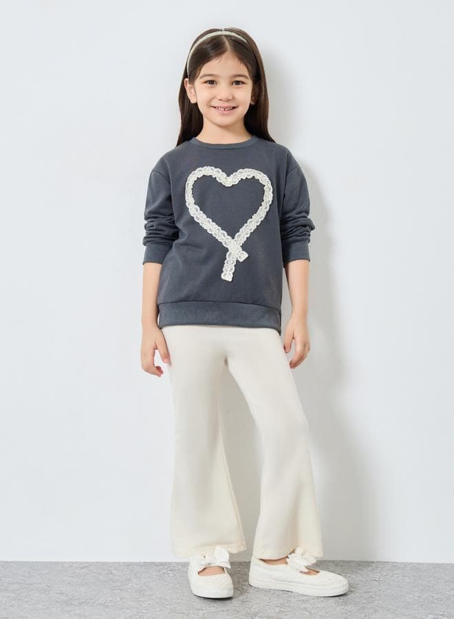 Styli Girls Heart Lace Sweatshirt and Flared Legging Set