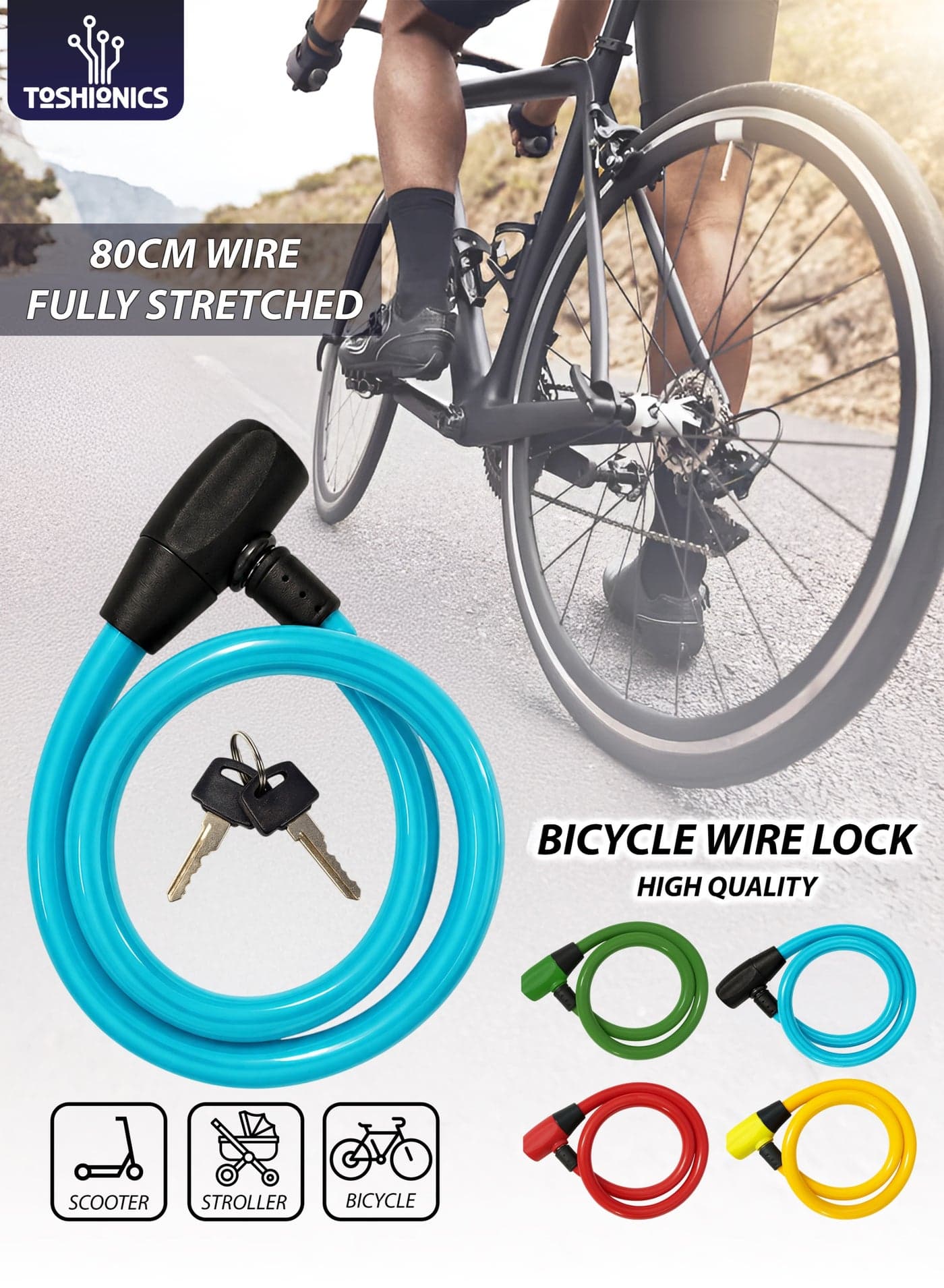 Heavy Duty 80cm Bicycle Lock Cable Anti-Theft Security Bike Lock for Scooter, Cycle, Baby Stroller, E-Bike, Motorcycle, Gate & Outdoor Use Alloy Lock Buckle with HDPE Coated Steel Wire (T114631)