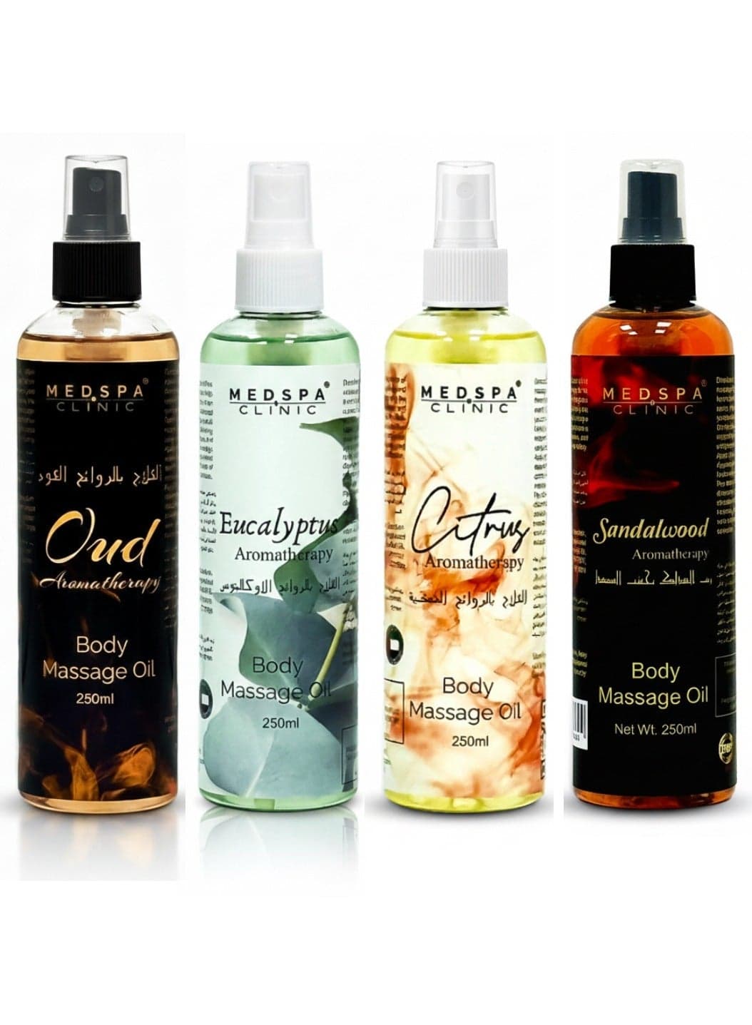 Sandalwood, Citrus, Oud, Eucalyptus Aromatherapy Body Massage Oil 250ml each Combo Pack