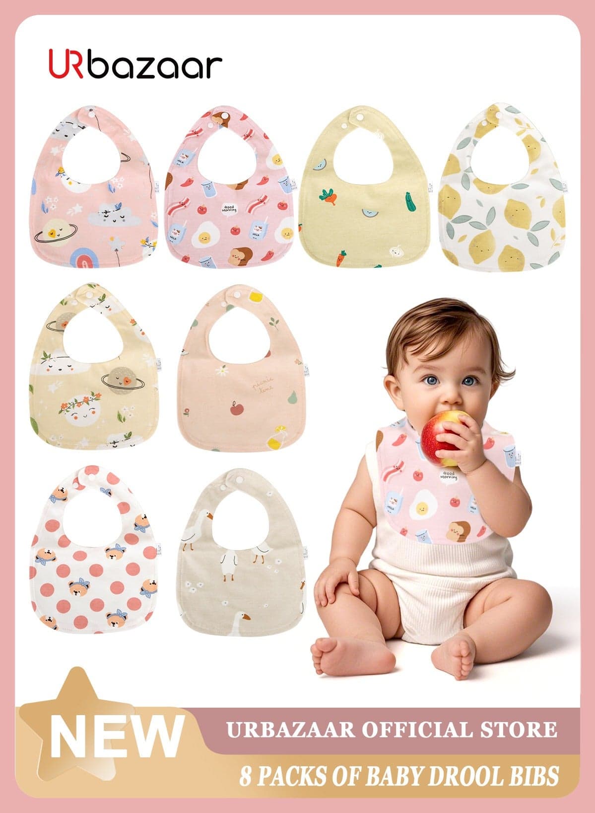 8 Pack Dribble Bibs, Soft Cotton Baby Teething Bibs Waterproof Drool Bibs (Multicolour).