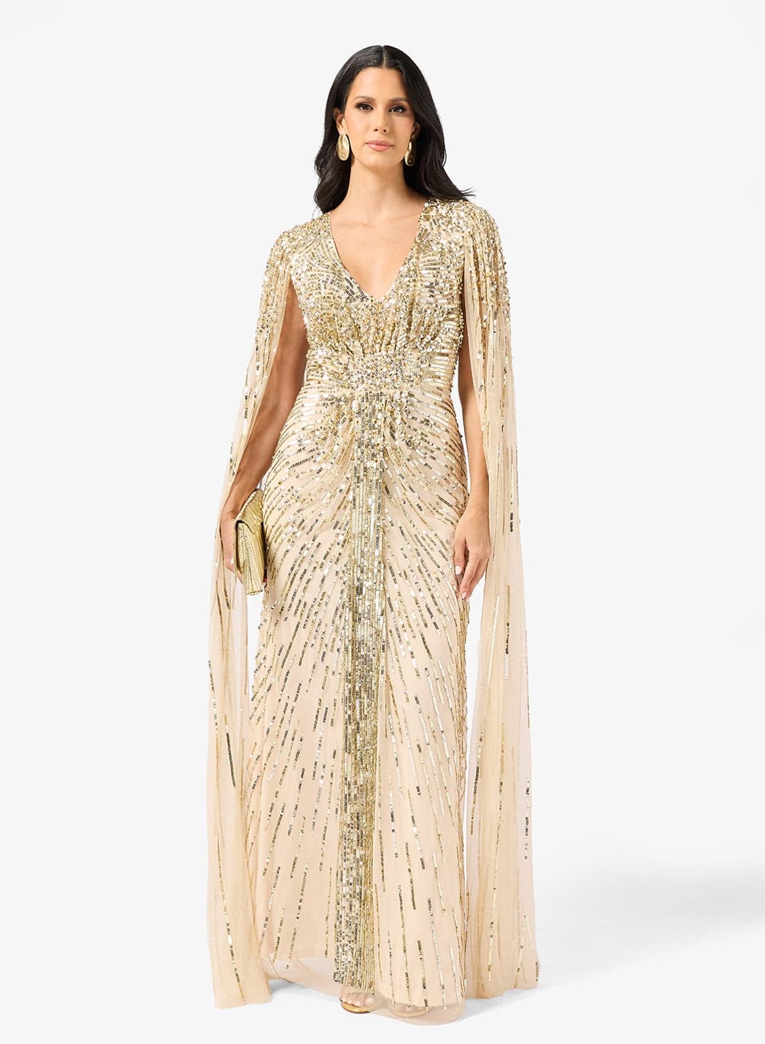 Bead Embellished Evening Gown with Cape Sleeves