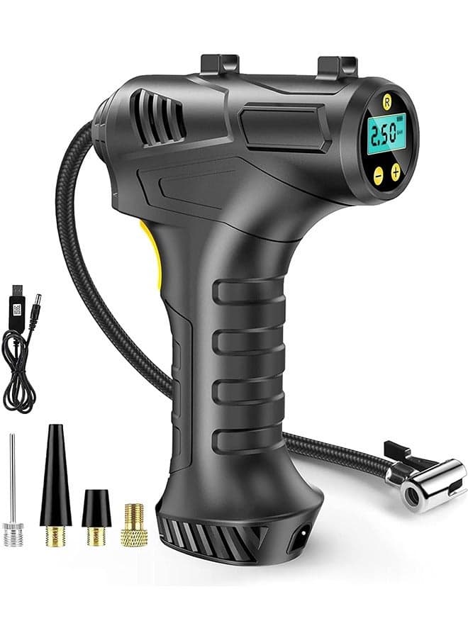 Cordless Tyre Inflator Air Compressor, 12V USB Rechargeable Battery 150PSI Portable Car Tyre Pump, Electric Digital Tyre Pump with LED Light and 3 Nozzle Adaptors for Car Motorcycle Bicycle