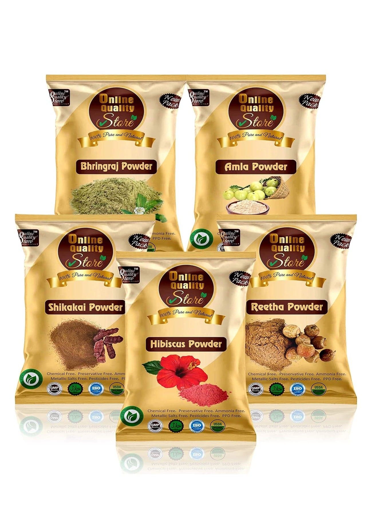 Online Quality Store Amla Reetha Shikakai Bhringraj and Hibiscus Powder for Hair Pack of 5 50g each Total 250g Pack