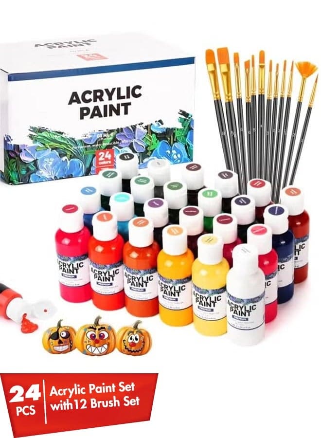 Acrylic Paint Set, 24 Vibrant Colors 2.0 fl oz Bottles, Non-Toxic Art Paint with 12 Brush Set for Canvas, Wood, Ceramic, Rock Painting, Craft Supplies for Kids, Beginners, Adults, Artists