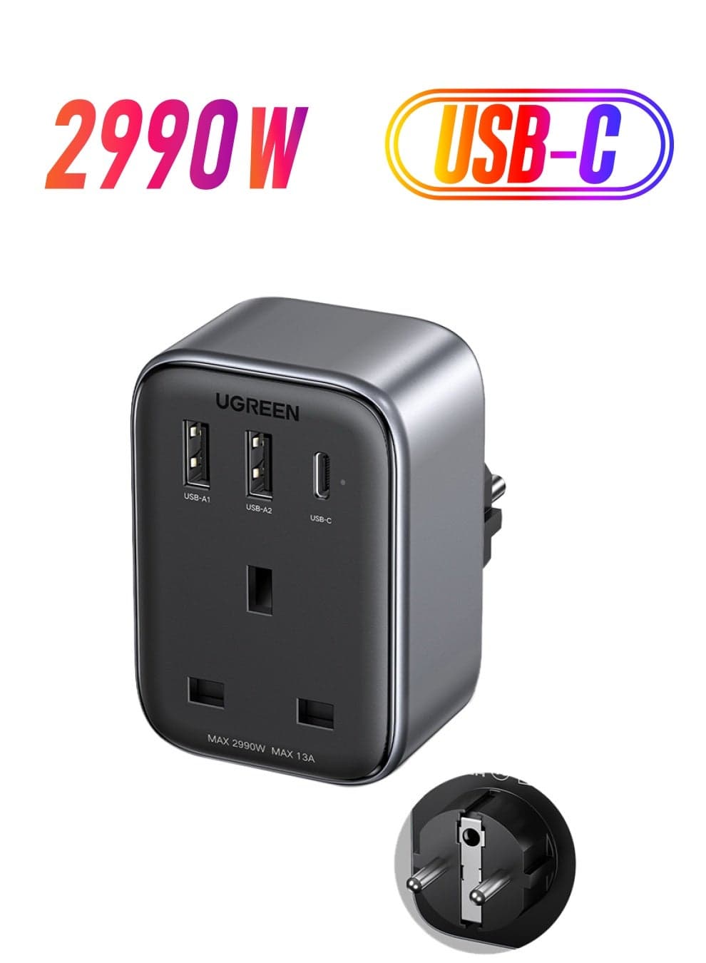 4-in-1 Travel Charger UK Adapter Accepts Devices with 30W USB Ports, Type G 3 Pin to 2 Pin Plug, 2 USB-C & 2 USB-A, 2990W Max, PD 30W USB Charging, Compact Adapter for Germany, Italy, Spain EU PLUG+2A1C+1AC