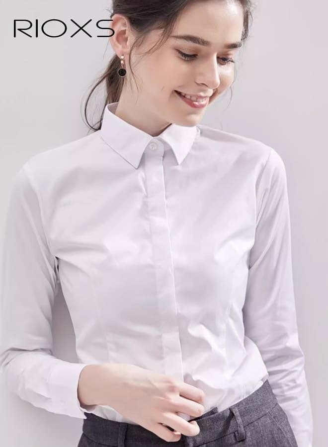Women's Formal Shirts, Basic Button Down Shirt, Long Sleeve Blouses for Women, Classic-Fit Collared Shirt, Ladies Dressy Uniform Shirt, Wrinkle-Free Work Tops, Shirts for Business, Party, Office, Meeting, White Shirts Match for Popular Wide-Legged Pants, Bell Pants, And Straight Pants