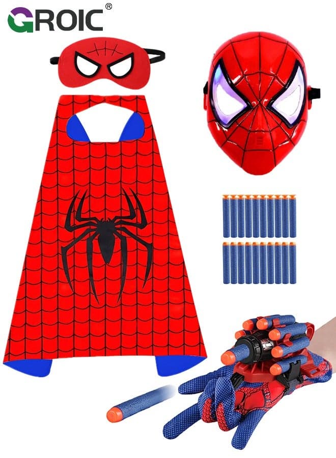 5 Pcs Spider-Man Toys, Superhero Launcher Toy Set, Spider-man Capes and Eye Mask Dress Up, LED Mask, 1 Launcher, 1 Glove, 20 Sucker Bullets Superhero Costume Set Role Play Toy
