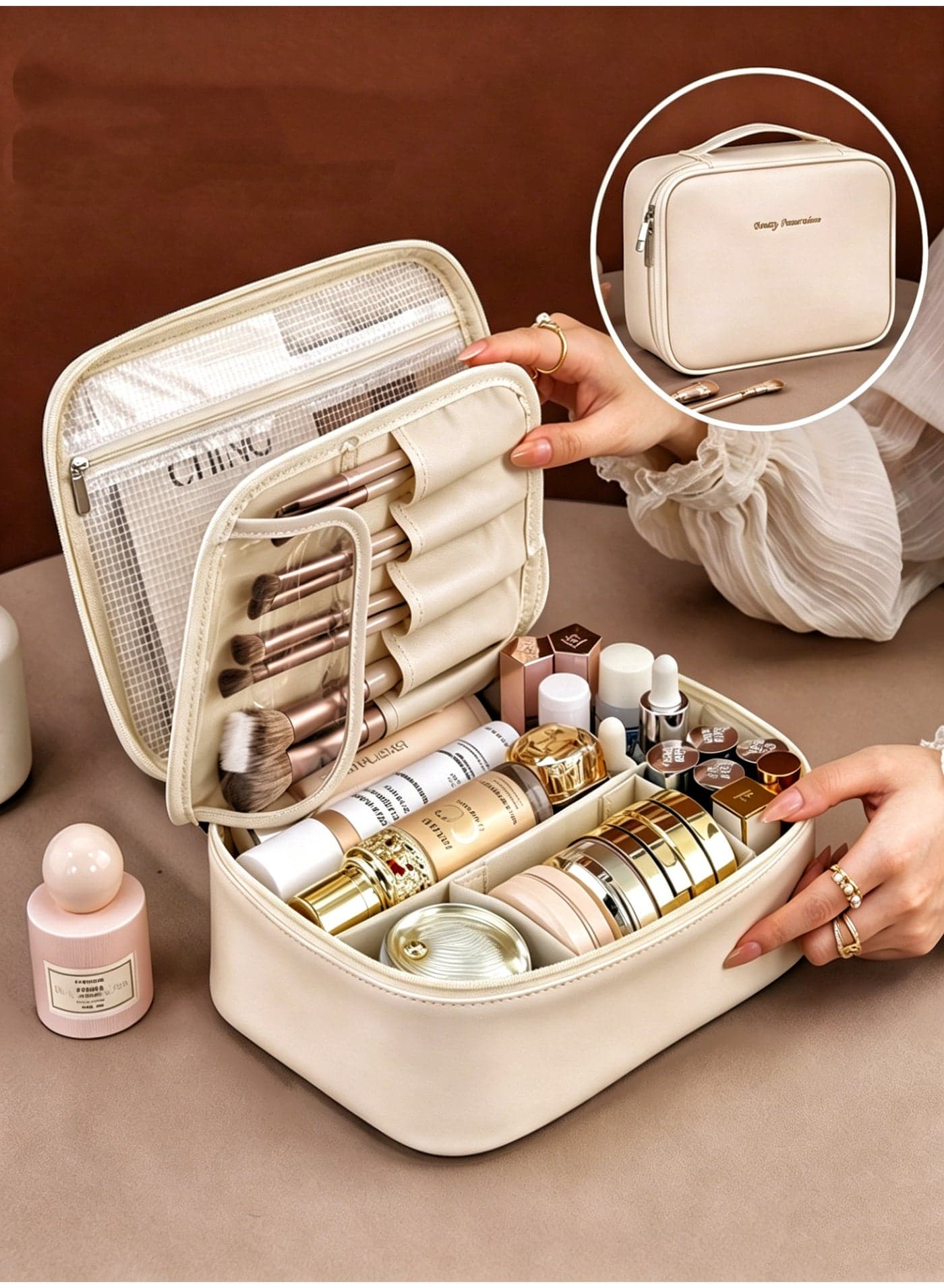 Travel Makeup Bag Gift for Women, Soft PU Leather Cosmetic Bags, Waterproof Toiletry Bag, Portable Wide Open Pouch, Travel Cosmetic Bag with Divider and Handle, Medium,