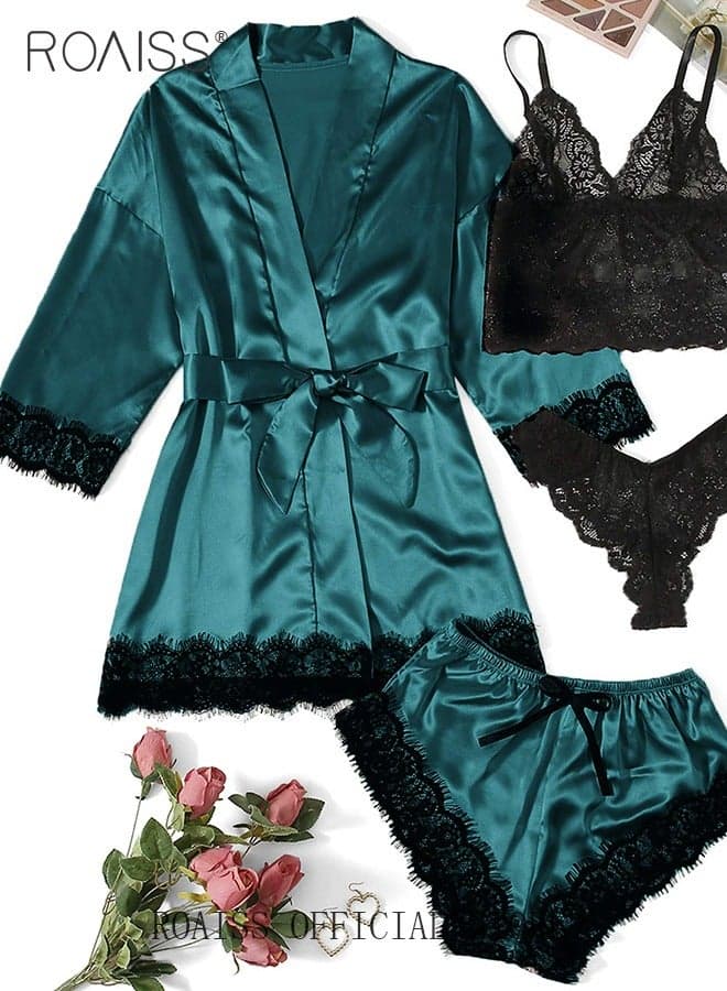 4 Pack Women's Nightwear Set Silk Satin Sleepwear Pajama Summer Home Wearing Clothes Suits Embroidered Breathable Ladies Lingerie Robe Nightdress Underwear Panties Dark Green