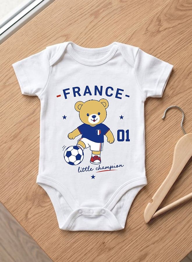 FIFA France Football Printed Unisex Baby Onesie, Little Champion Teddy Graphic, Soft Cotton Infant Bodysuit - White