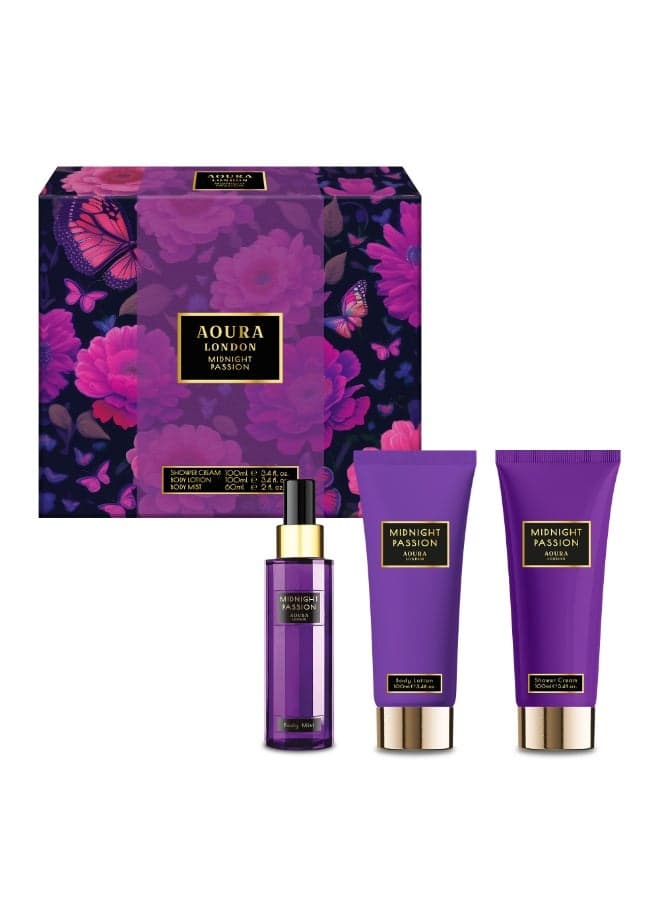 Aoura London Midnight Passion Gift Set – Body Mist 60ml + Shower Gel 100ml + Body Lotion 100ml | Long-Lasting Women’s Fragrance & Body Care Set | Perfect Gift for Women & Girls
