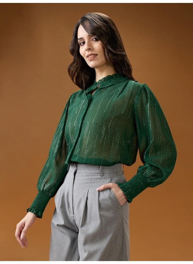 Globus Women Green Frilled Neck Bishop Sleeves Sequinned detail Georgette Shirt Style Top