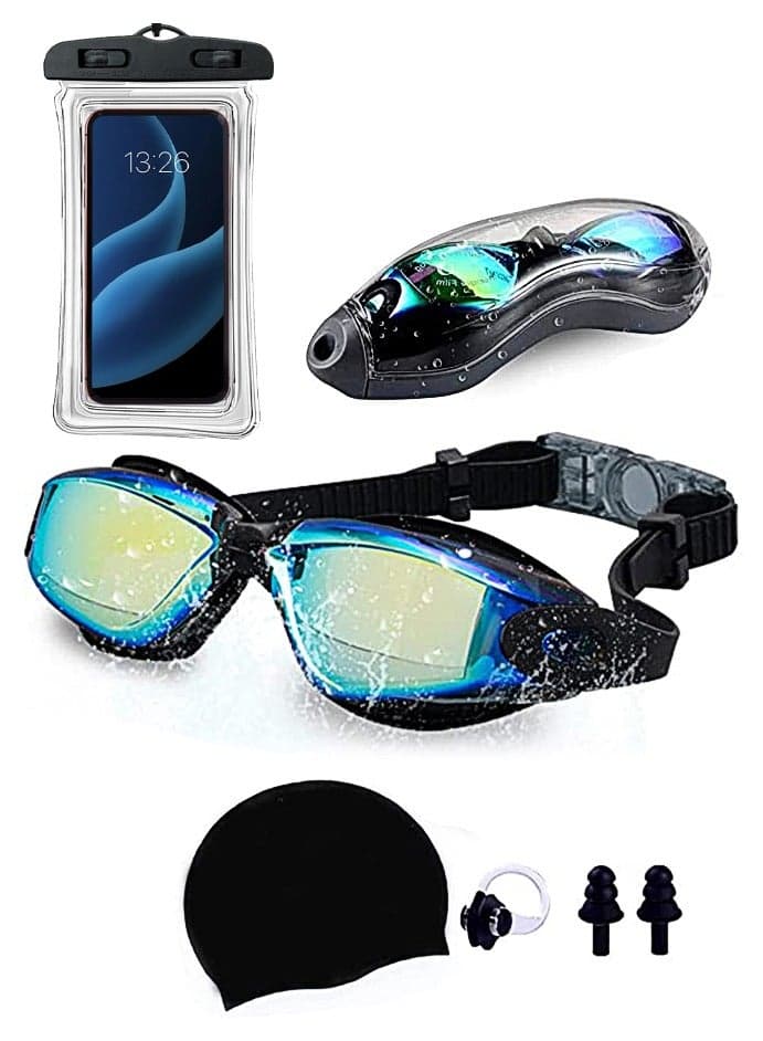 5-in-1 Anti-Fog Swimming Goggles - Goggle Set with Swimming Cap, Earplugs, Nose Clip, Leak-Proof Goggles - Waterproof Swimming Goggles that Can Effectively Block Ultraviolet Rays - Suitable for Men, W