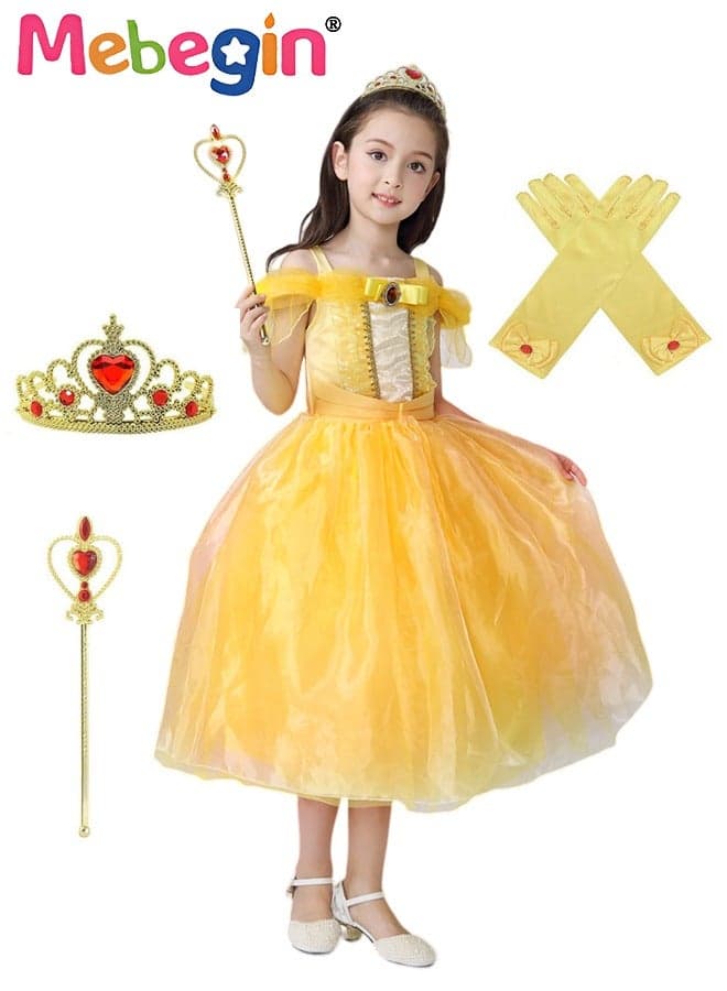 Princess Belle Dress Set with Crown, Gloves and Magic Wand, Elegant Princess Dress Up Costume for Girls, Belle Princess Tutu, Made of Breathable Soft Polyester, Great for Fancy Dress Parties, Birthdays, Prom Outfits and Cosplay Activities