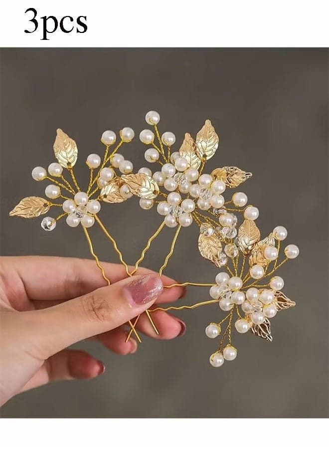 Pearl Bride Wedding Hair Pins, 3Pcs Leaf Bridal Head Piece Flower Hair Accessories for Women and Girls