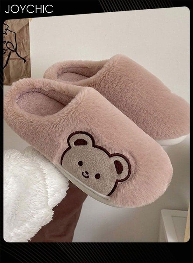 Lovely Bear Design Female Cotton Slippers Autumn And Winter Home Indoor Non-Slip Thick Comfot Soft Bottom Warm Bedroom Slippers for Women Pink