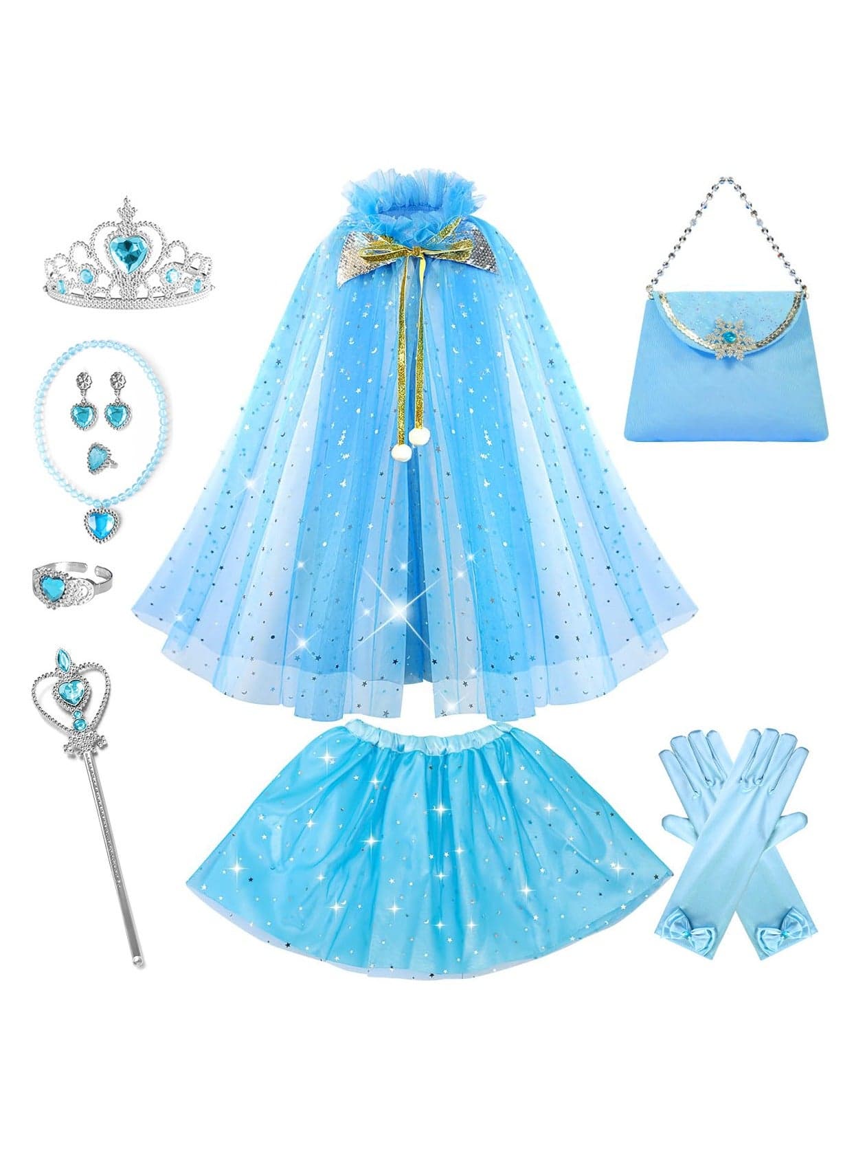 8 PCS Blue Mermaid Sequined Cloak and Dress Costume Princess Set, Best Gift for Girls, Birthday Party Role-playing, average size
