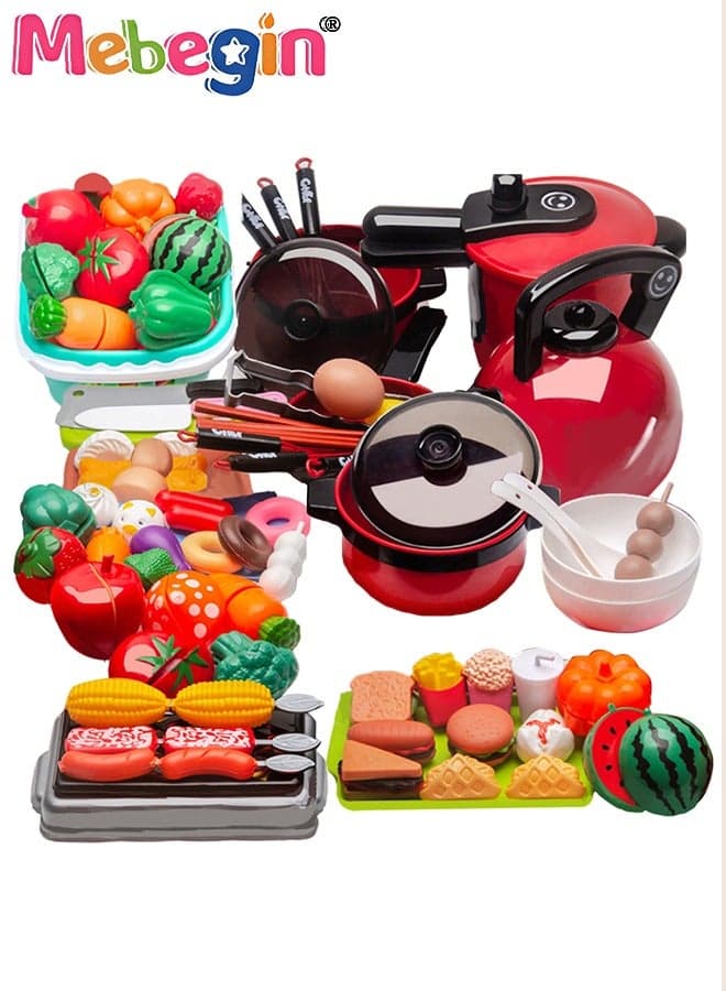Kids Kitchen Pretend Play Toys Set Cutting Cooking Set with Food Fruits Vegetables Cooking Utensils Educational Early Age Basic Skills Development Gift for Toddlers Children (74 pcs)