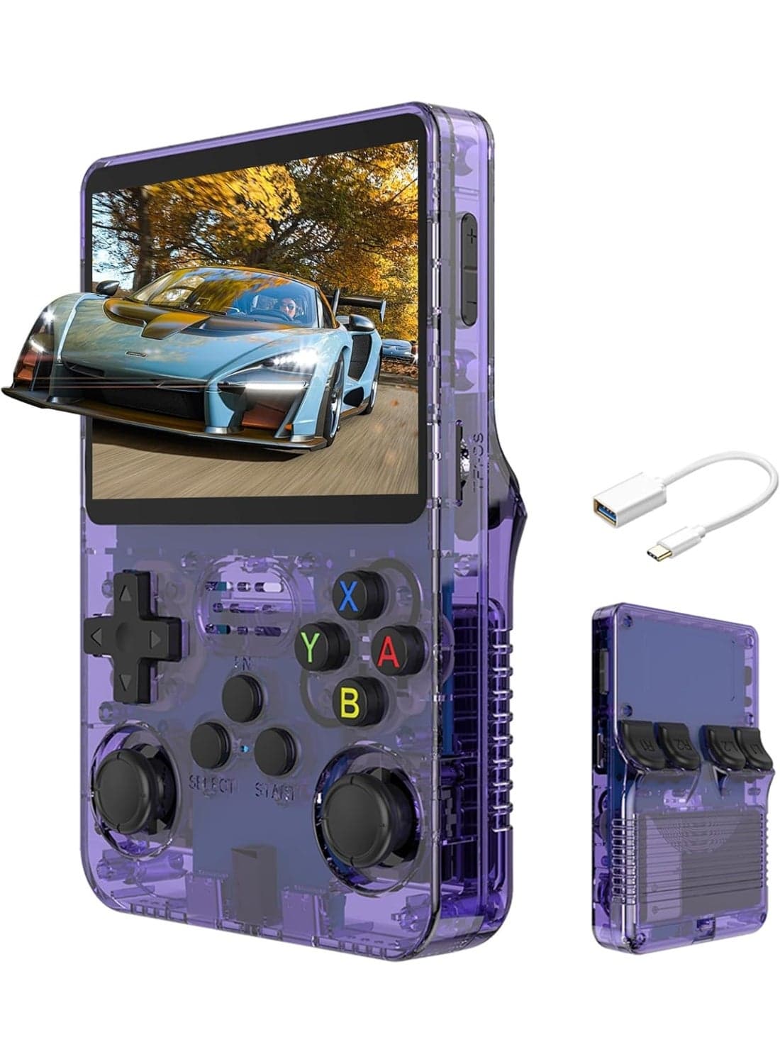 R36S Handheld Game Console 3.5 Inch IPS Retro Video Game Console 15000+ Built-in Games Open Source Linux System Portable Gaming Device with 32GB+64GB TF Card Purple