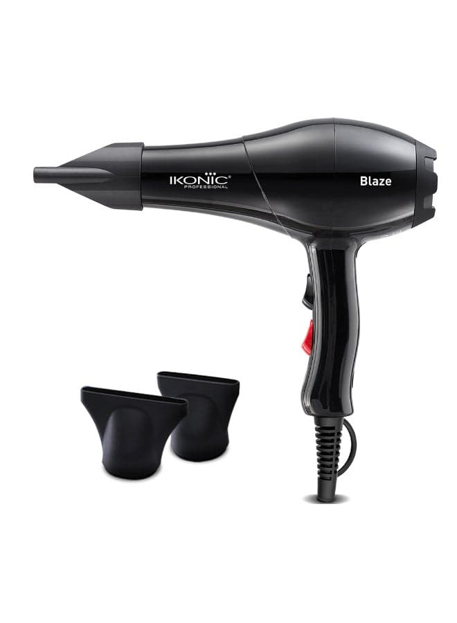 Ikonic Blaze Professional Hair Dryer, Black, 1800W–2000W Powerful AC Motor, 3 Heat & 2 Speed Settings, Cool Shot, 2 Interchangeable Nozzles, Overheat Protection, Quick Drying, All Hair Type