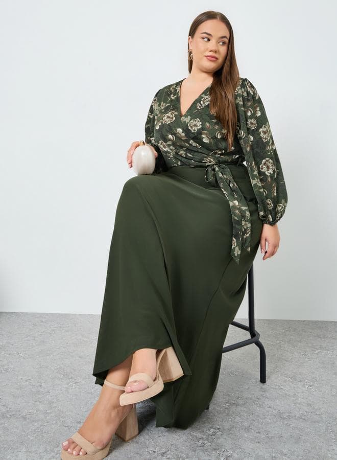 Plus Floral Printed Wrap Look A-Line Maxi Dress