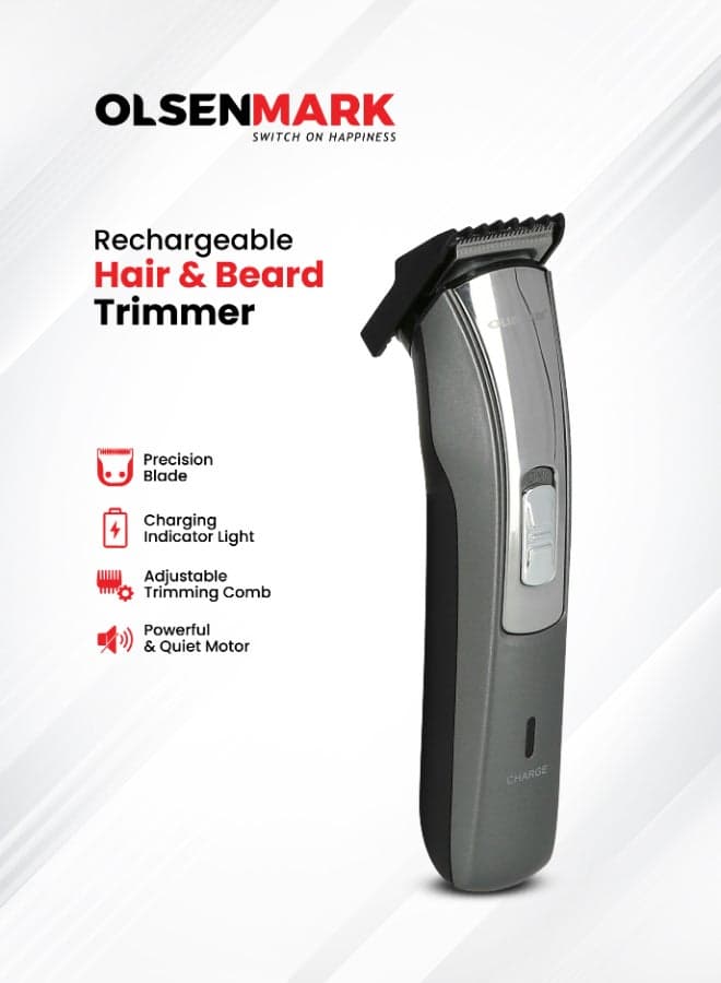 Rechargeable Hair & Beard Trimmer with Stainless Steel Blade, Cordless Use and Hair Clipper Silver/Black 19cm