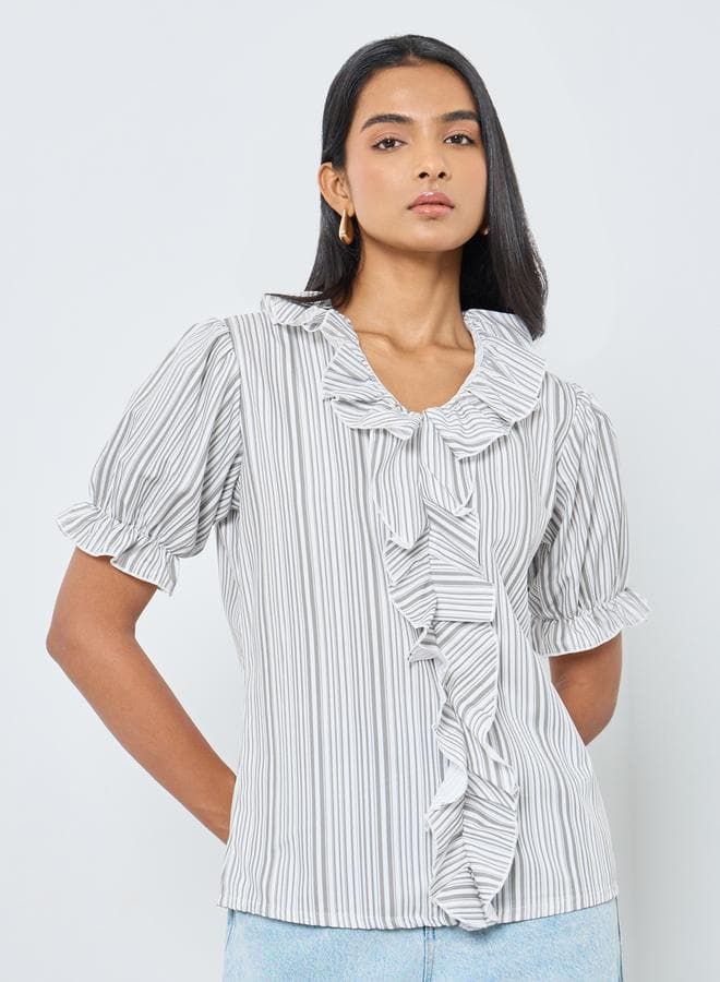 Striped Puff Sleeve Ruffled Detail Top