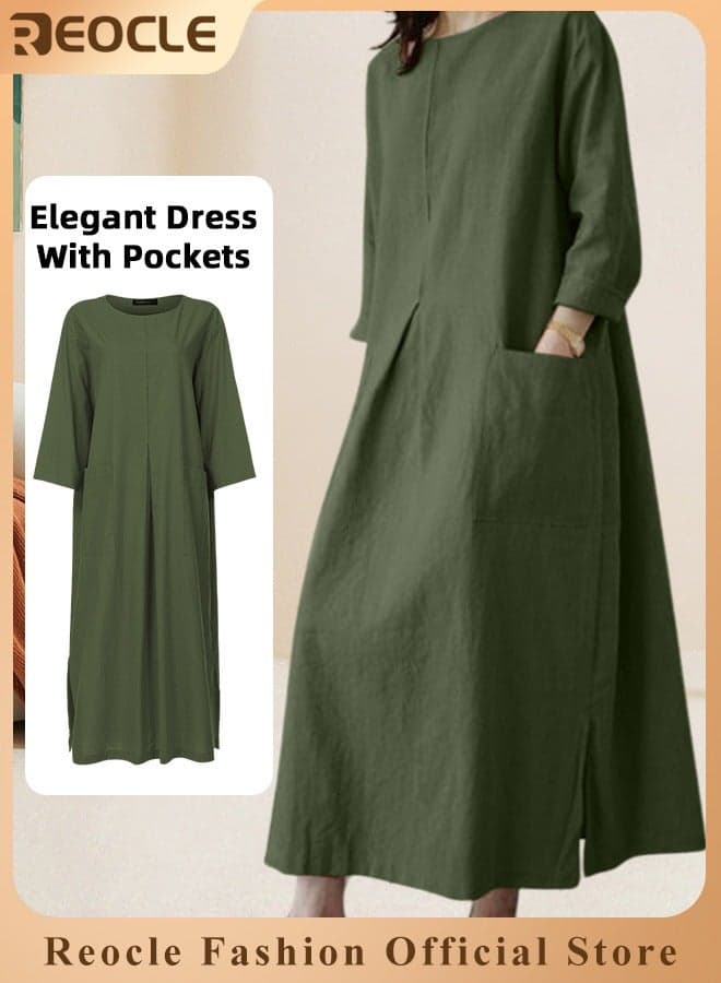Women's Maxi Dress Cotton Linen Dress Long Sleeve Casual Long Dress with Pockets Simple Loose Round Neck Dress